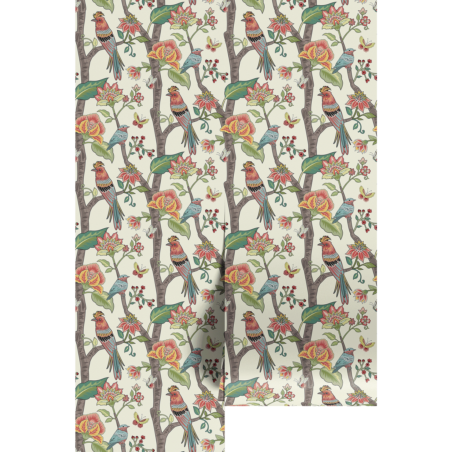 wallpaper swatch with bird and floral pattern on a white background