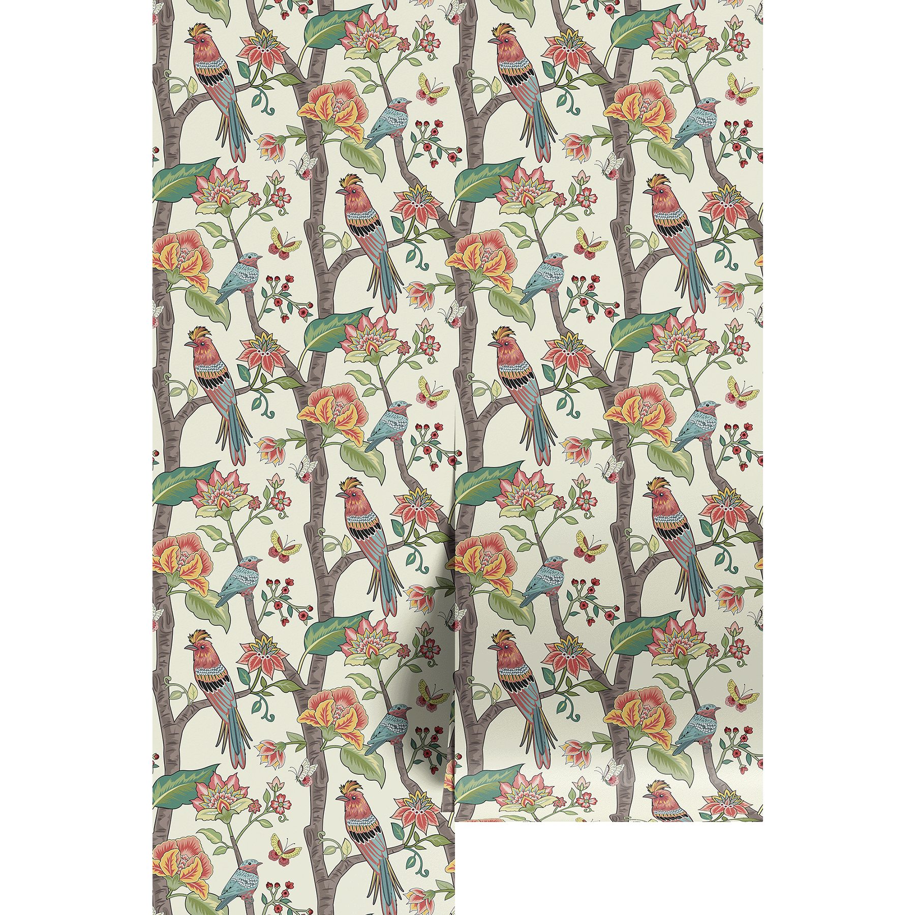 wallpaper swatch with bird and floral pattern on a white background