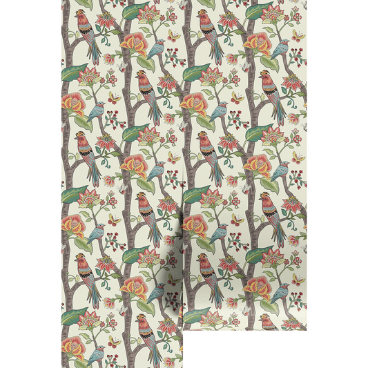 wallpaper swatch with bird and floral pattern on a white background