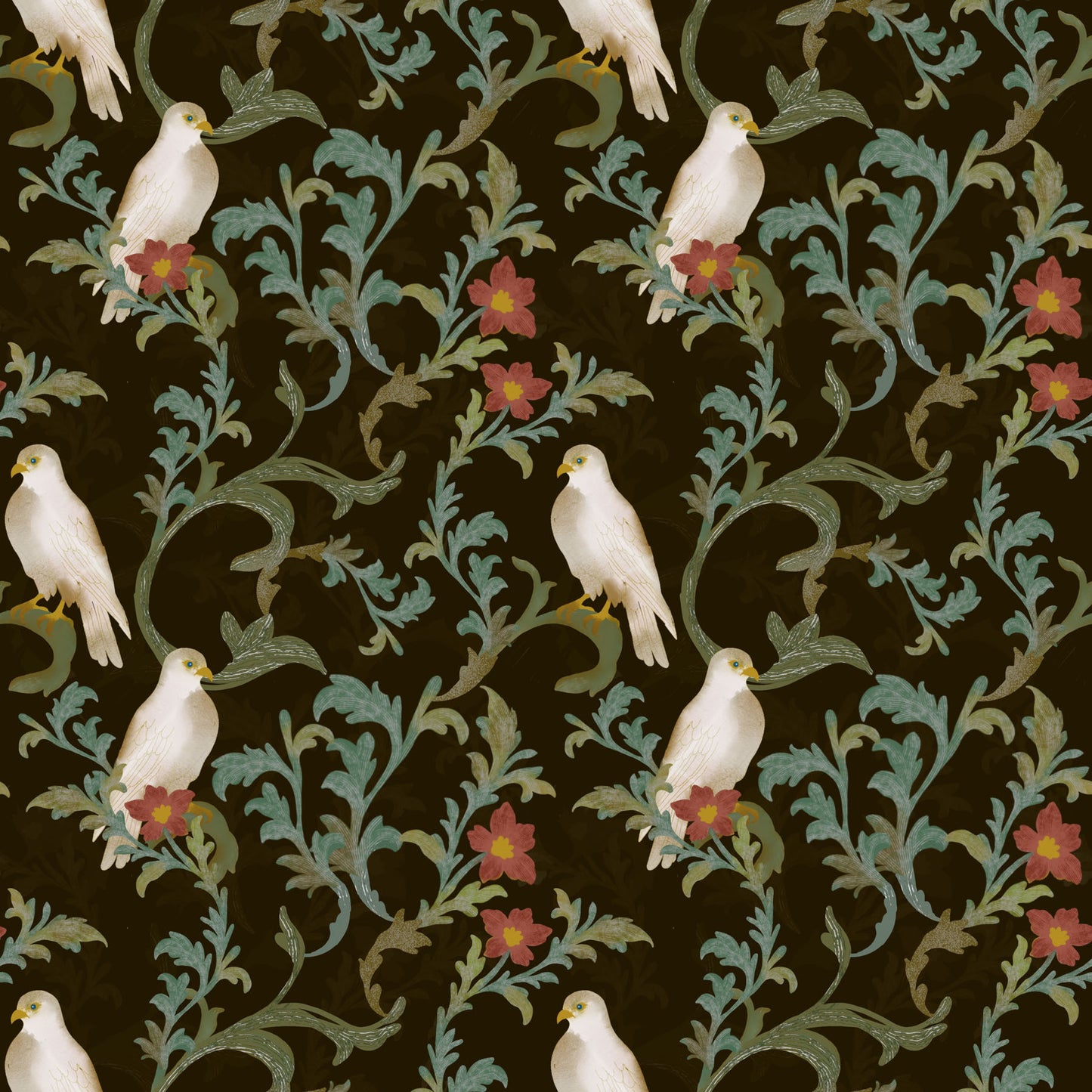 Pattern of white birds and red flowers on a dark background