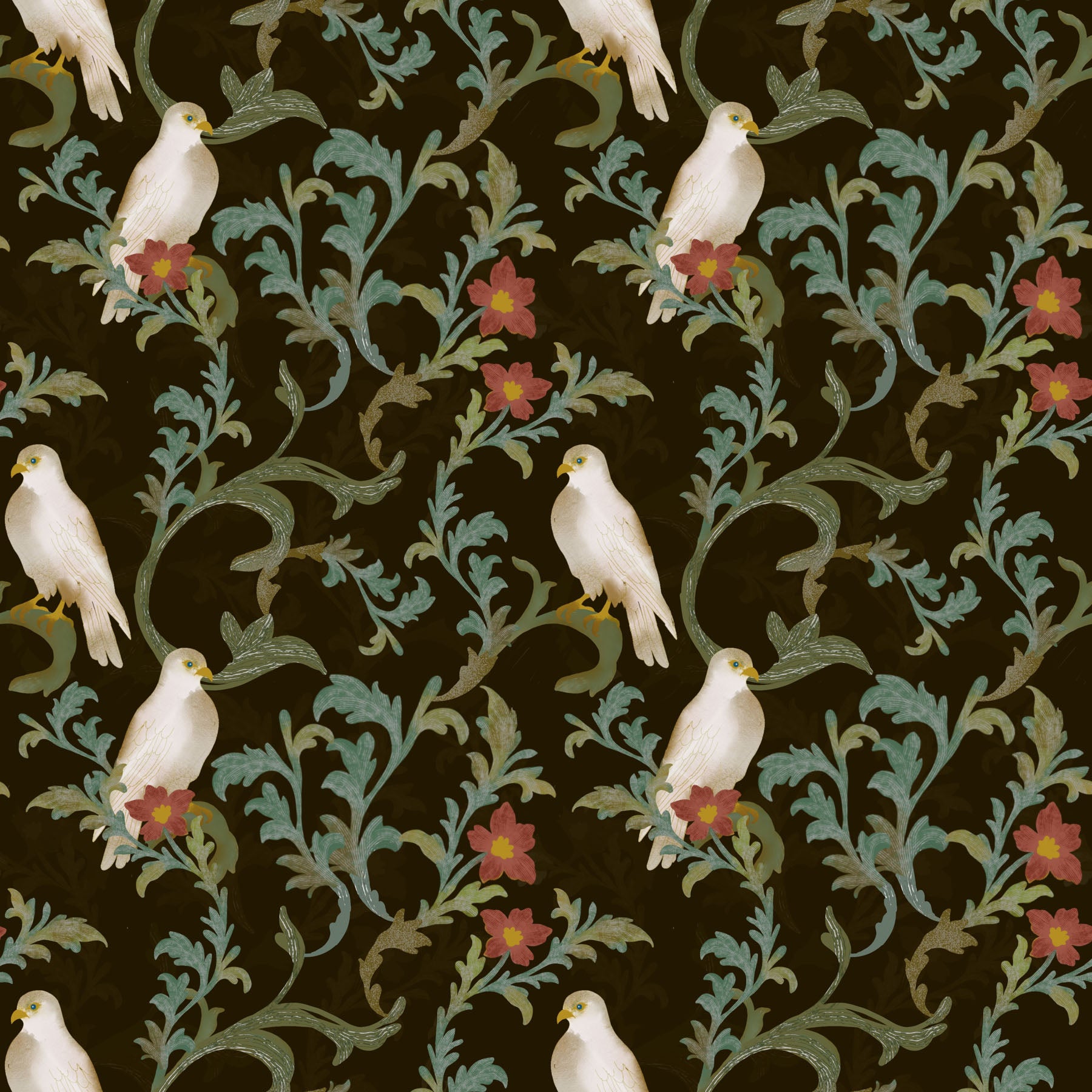 Pattern of white birds and red flowers on a dark background