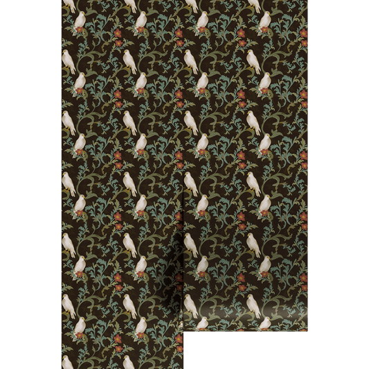 Patterned bird wallpaper with white birds and green leaves on a dark background