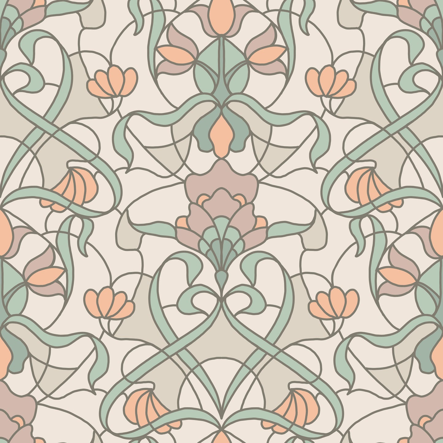 Decorative stained glass pattern with pastel floral elements on a light background.