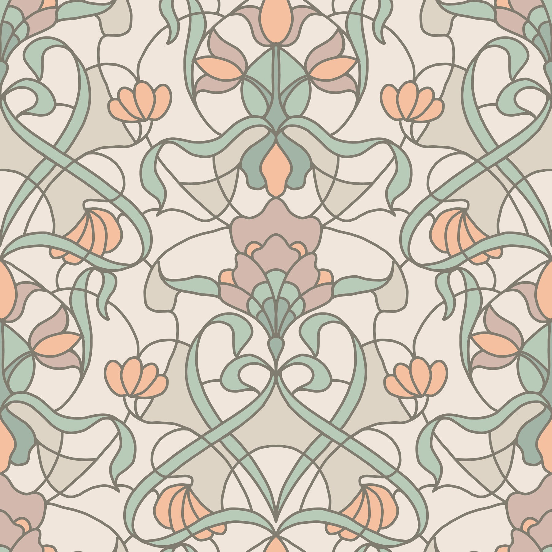 Decorative stained glass pattern with pastel floral elements on a light background.