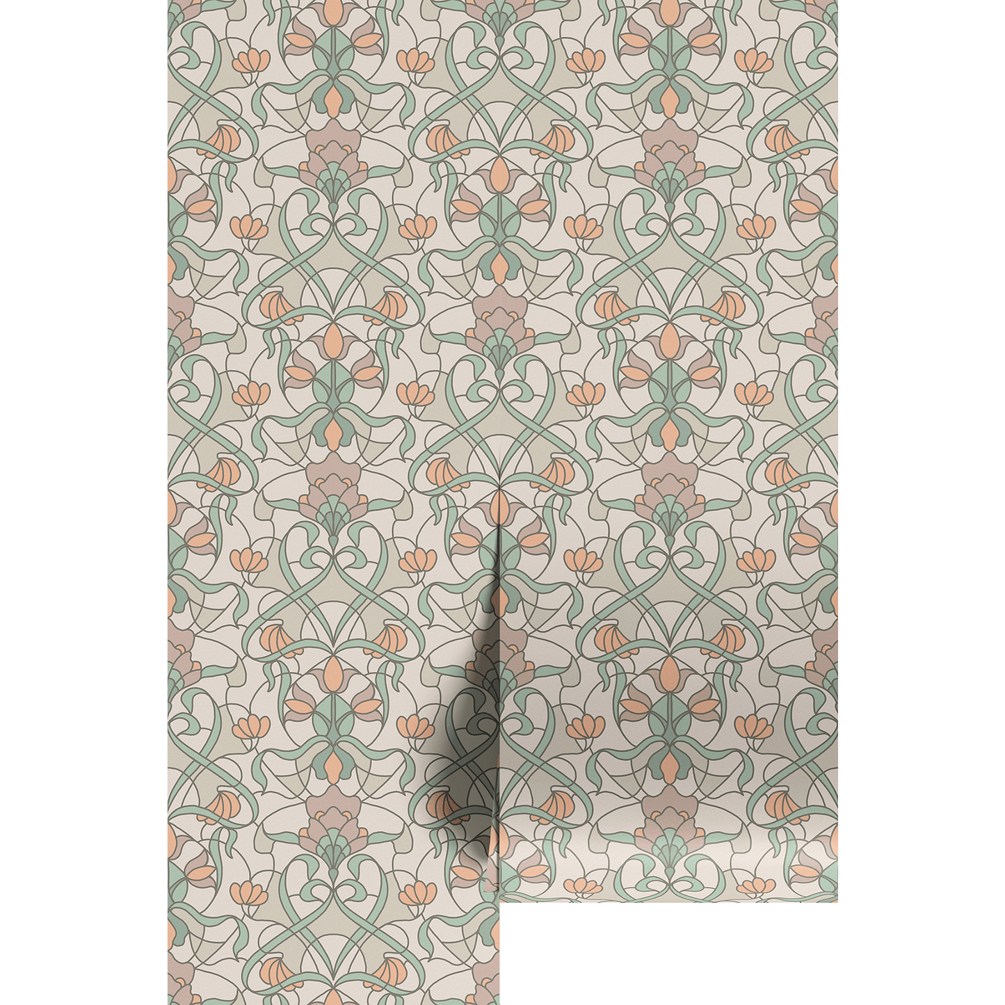 Vintage stained glass floral pattern in pastel colors on wallpaper panels.