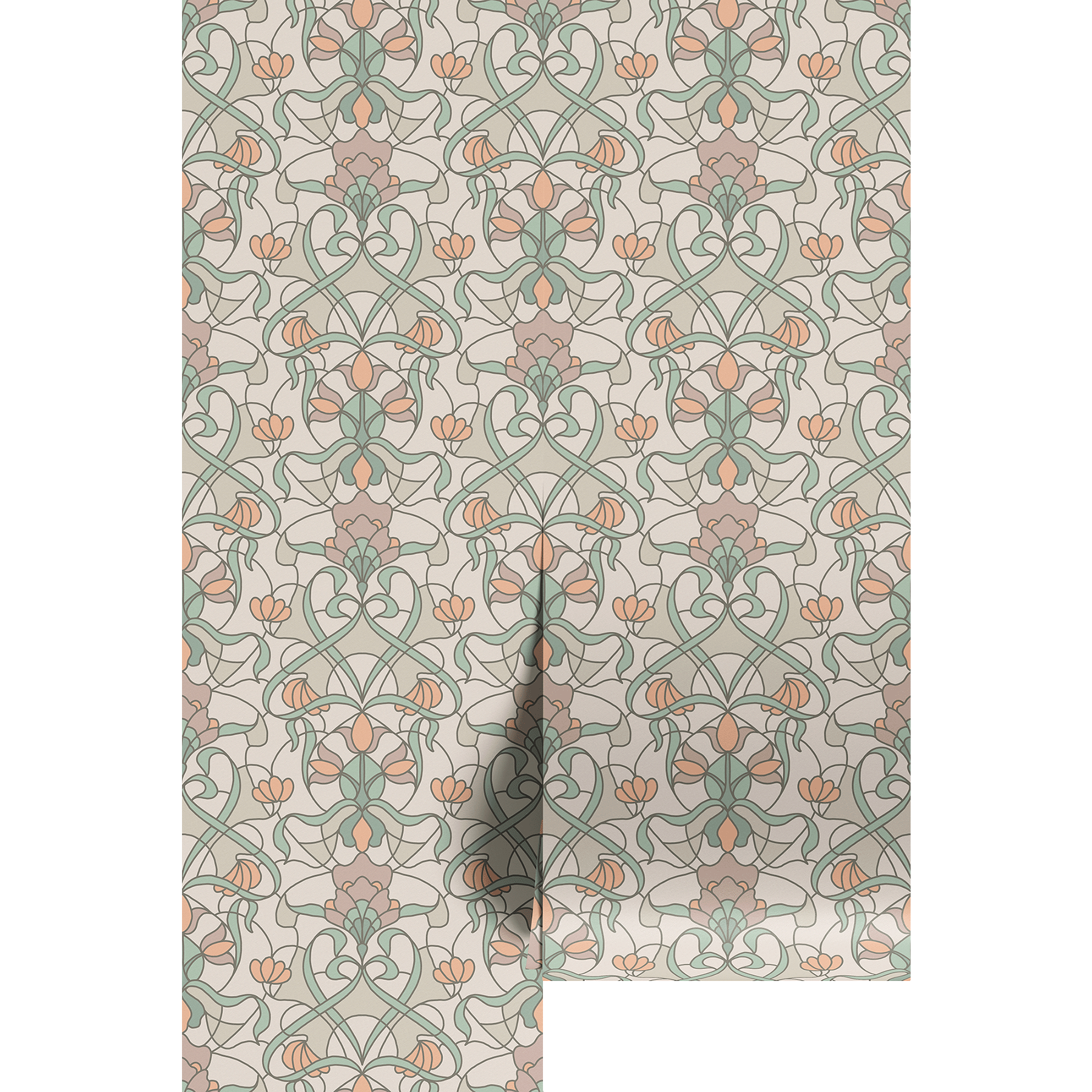 Vintage stained glass floral pattern in pastel colors on wallpaper panels.