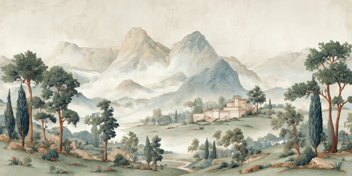 Landscape with mountains, trees, and a building in the valley