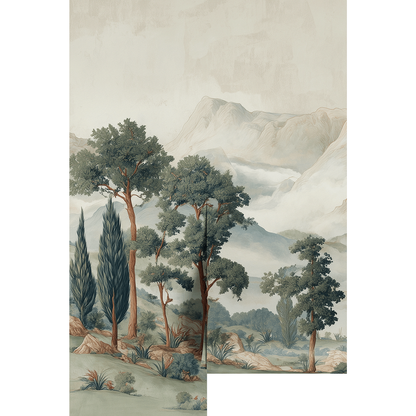 Scenic wallpaper with trees and mountains on wallpaper panels.