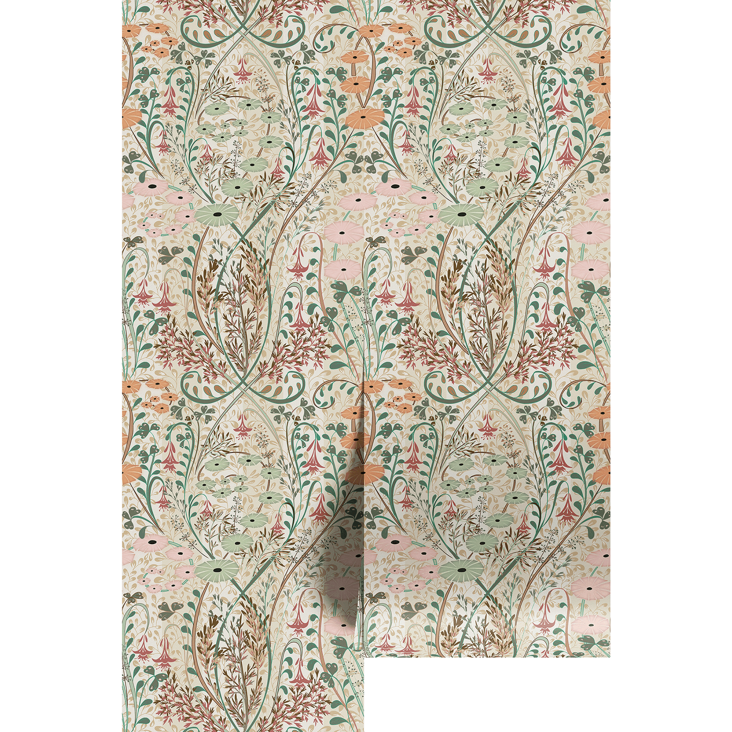 Patterned pink green floral wallpaper with intricate design on a white background