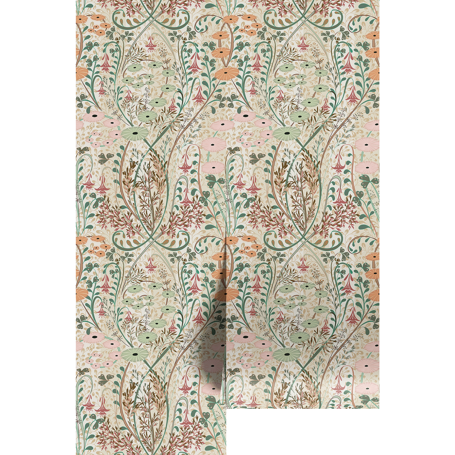 Patterned pink green floral wallpaper with intricate design on a white background