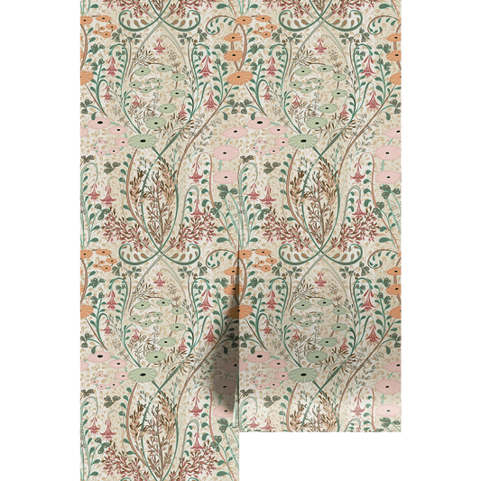 Patterned pink green floral wallpaper with intricate design on a white background