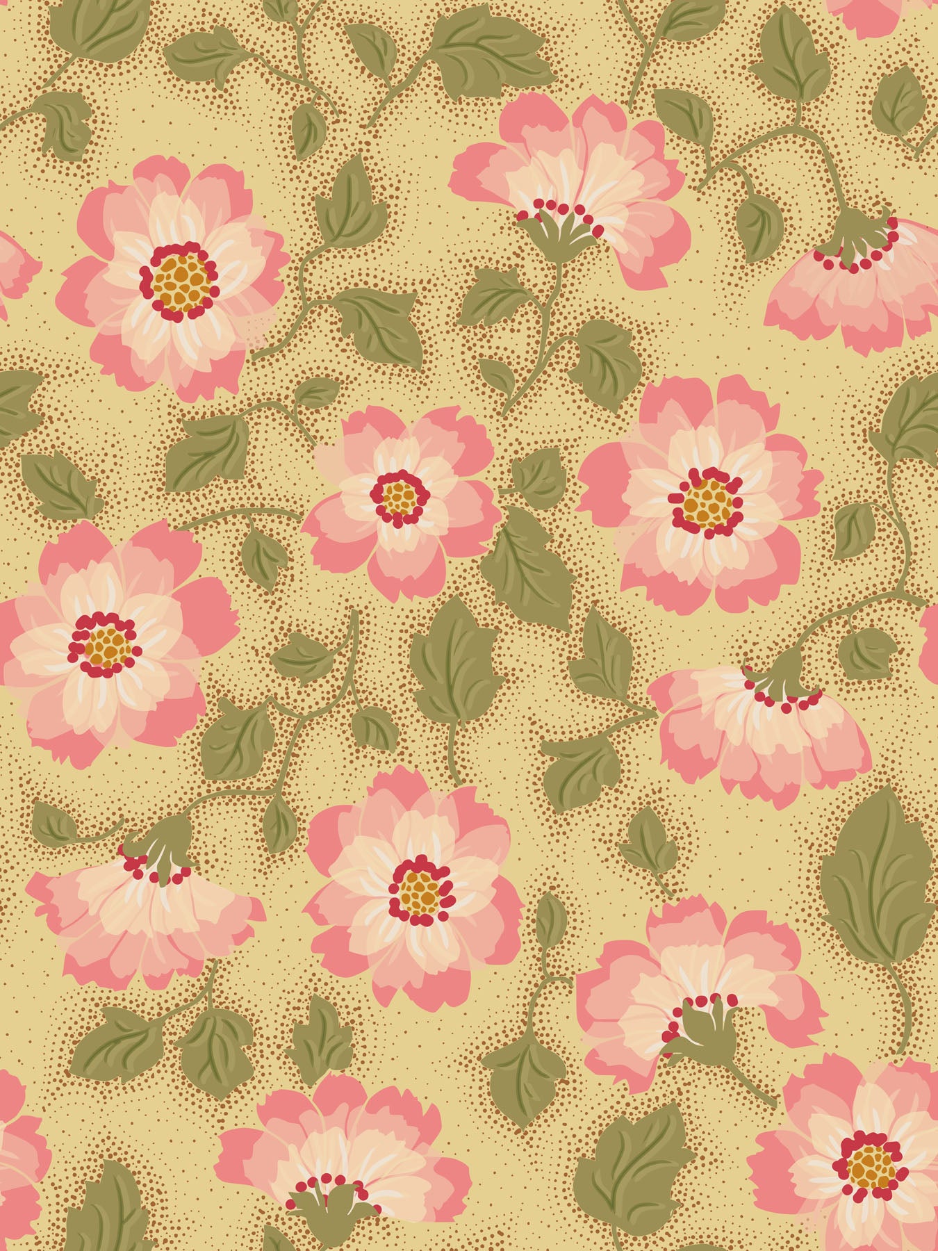 Floral pattern with pink flowers and green leaves on a warm beige background.