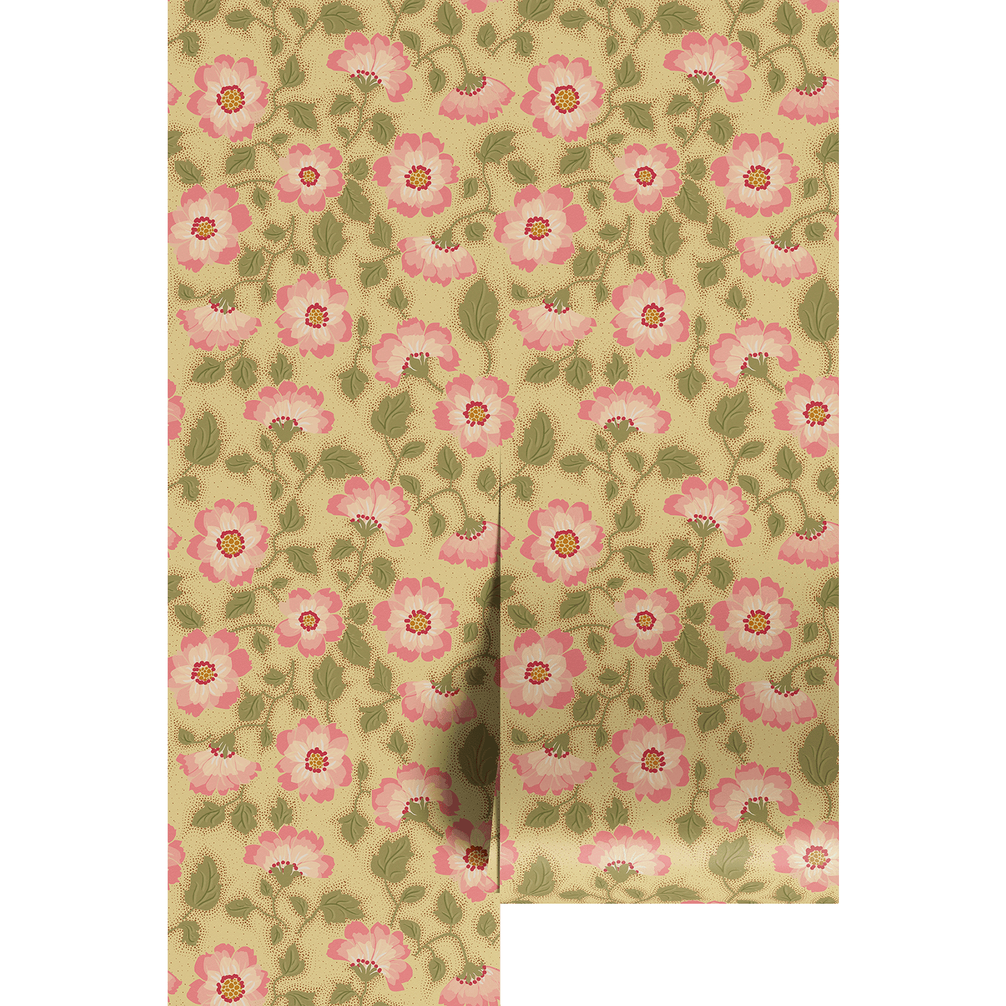 Floral pattern with pink flowers and green leaves over a beige background on wallpaper panels.