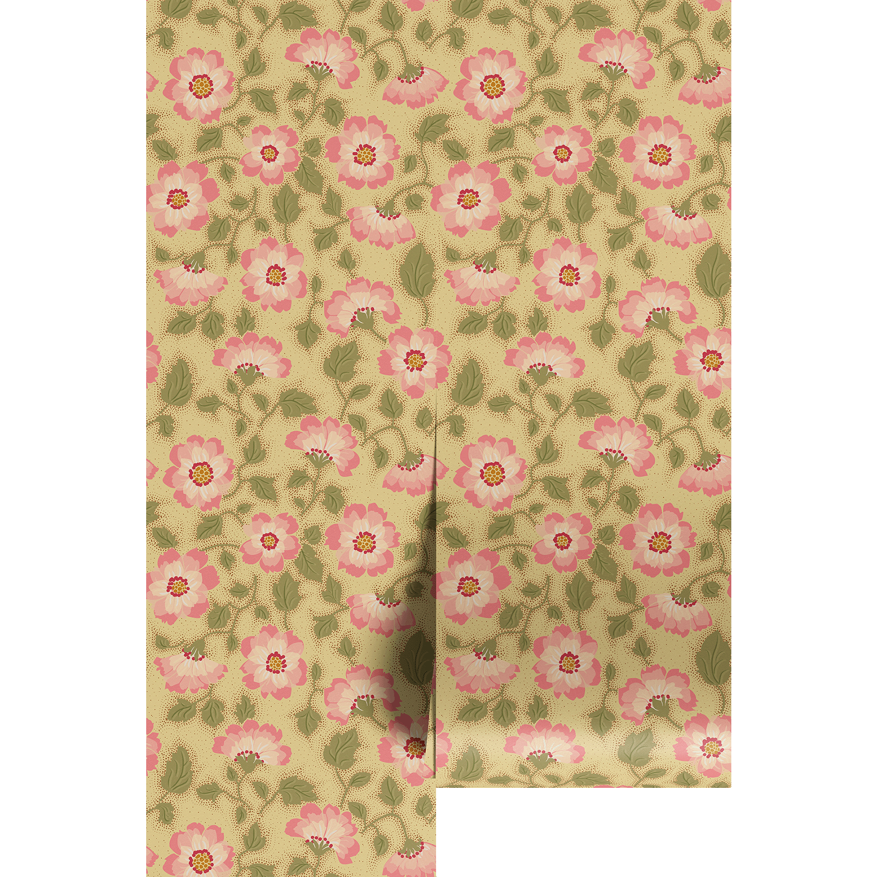 Floral pattern with pink flowers and green leaves over a beige background on wallpaper panels.