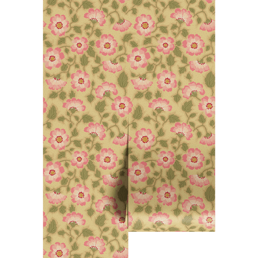 Floral pattern with pink flowers and green leaves over a beige background on wallpaper panels.