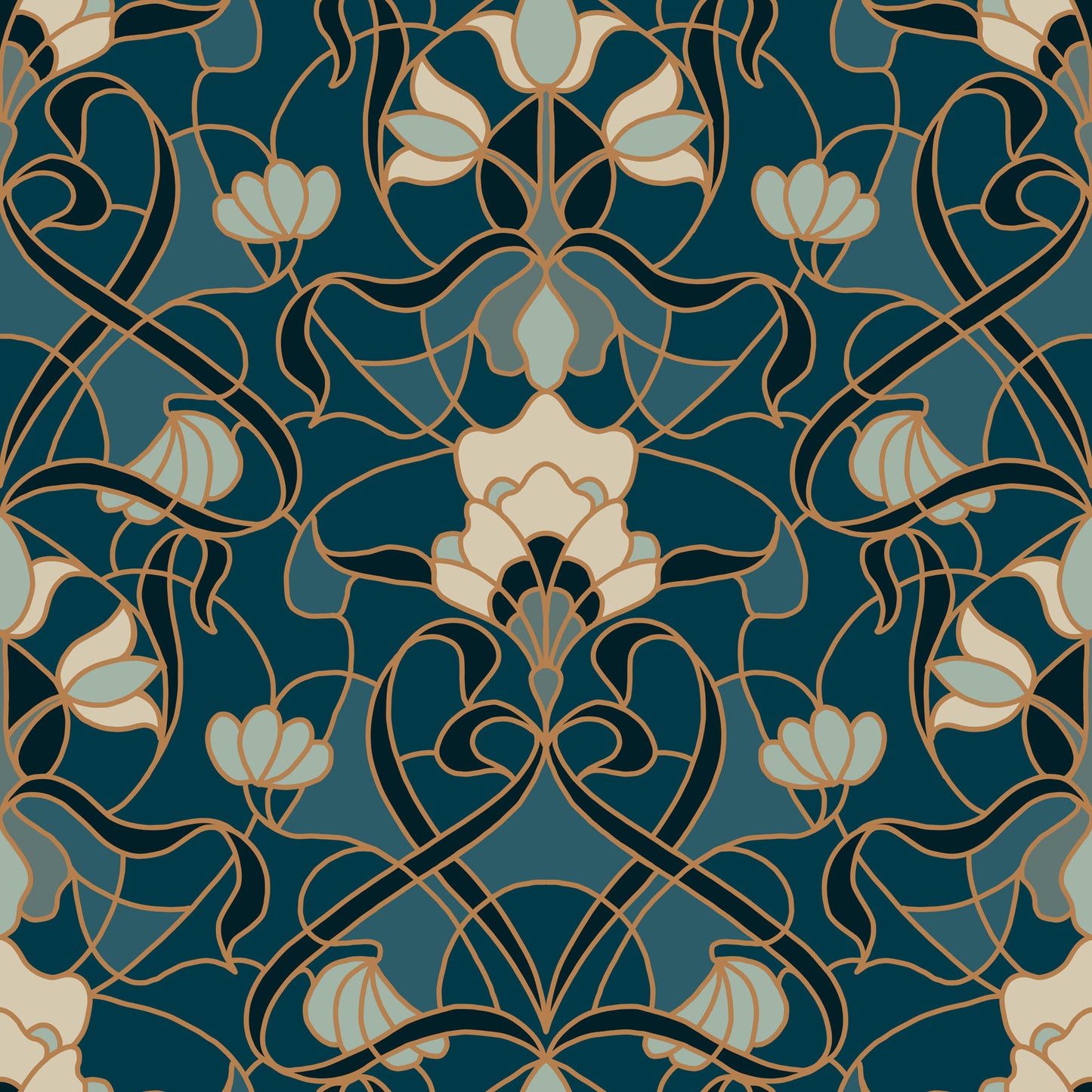Decorative pattern with floral elements on a blue background