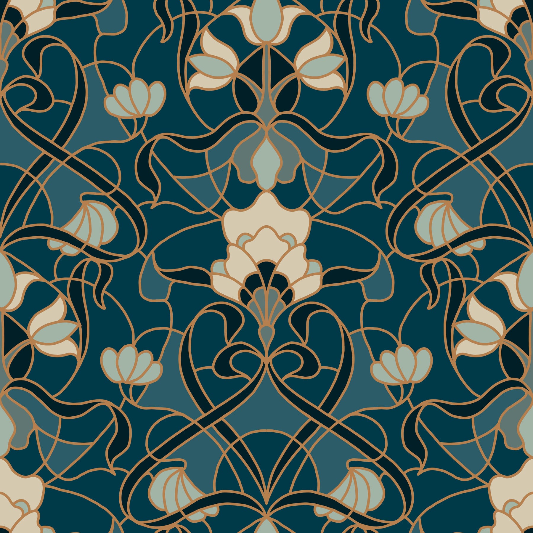Decorative pattern with floral elements on a blue background