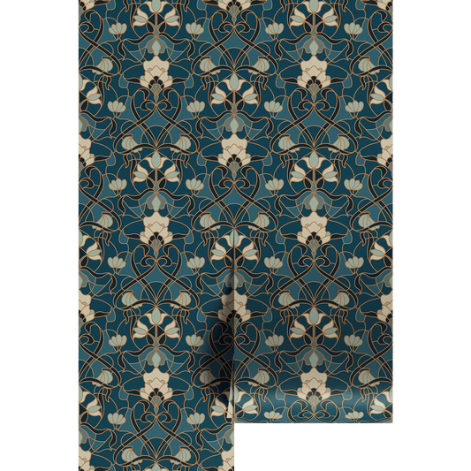 Patterned wallpaper swatch with blue and beige design on a white background