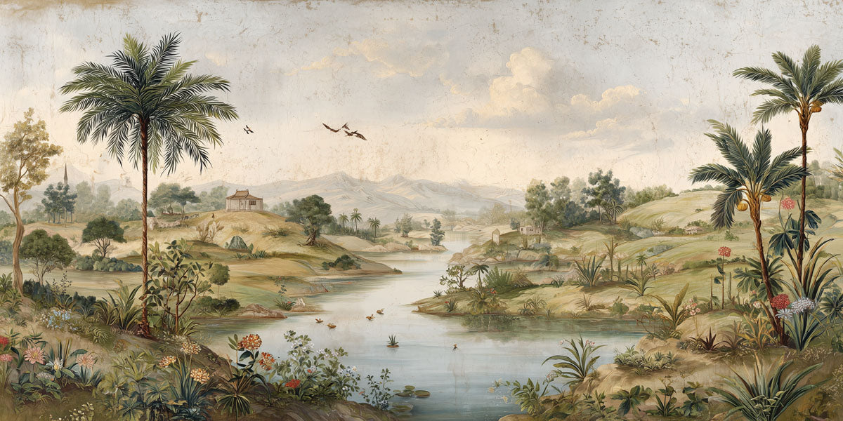 Scenic landscape with palm trees, a river, and mountains in the distance.