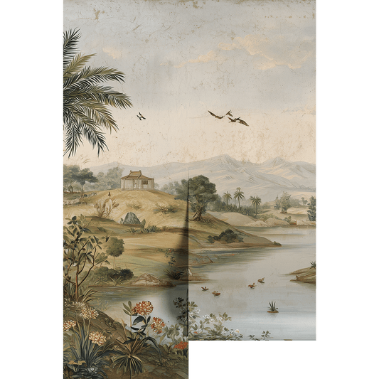 Vintage tropical landscape painting turned wall mural on wallpaper panels.