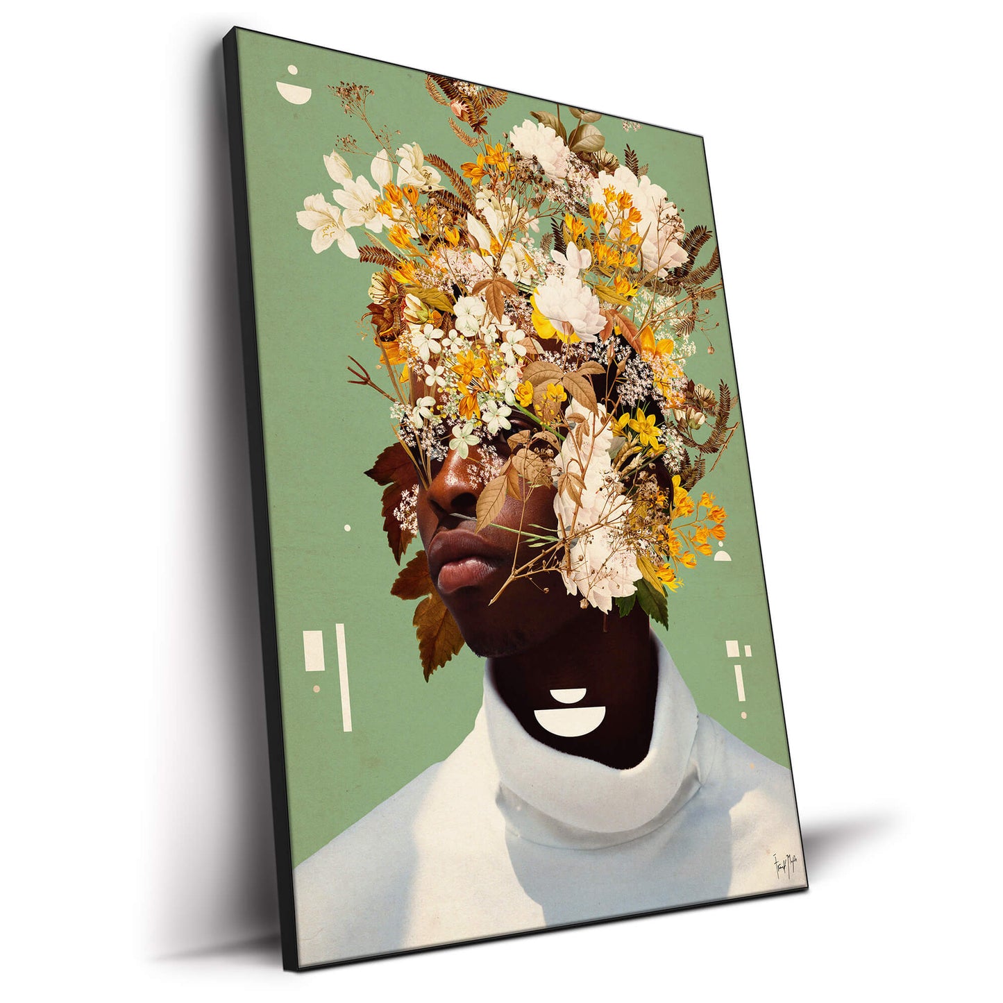 Portrait of a man with his face intertwined with yellow and white flowers against a green background, wearing a white high-neck turtleneck with geometric shapes.