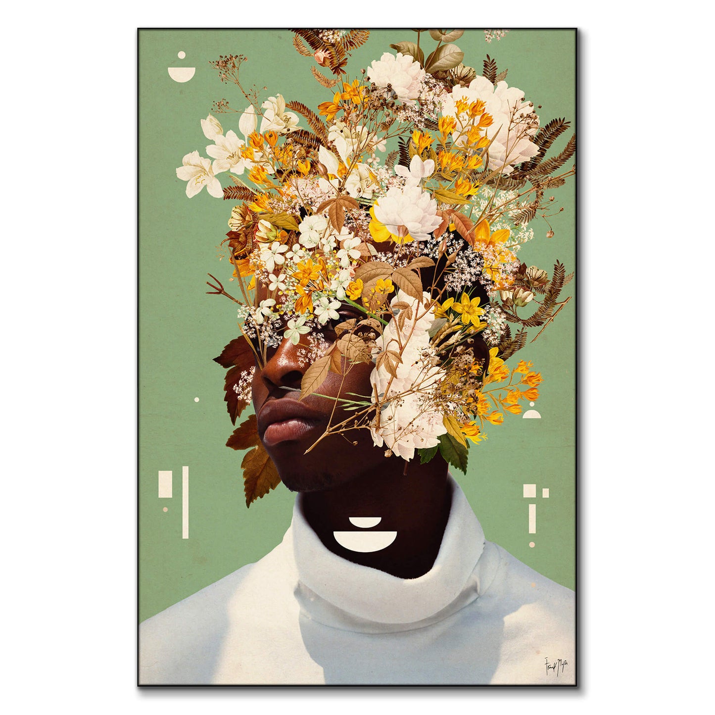 Portrait of a man with his face intertwined with flowers against a green background with geometric shapes.