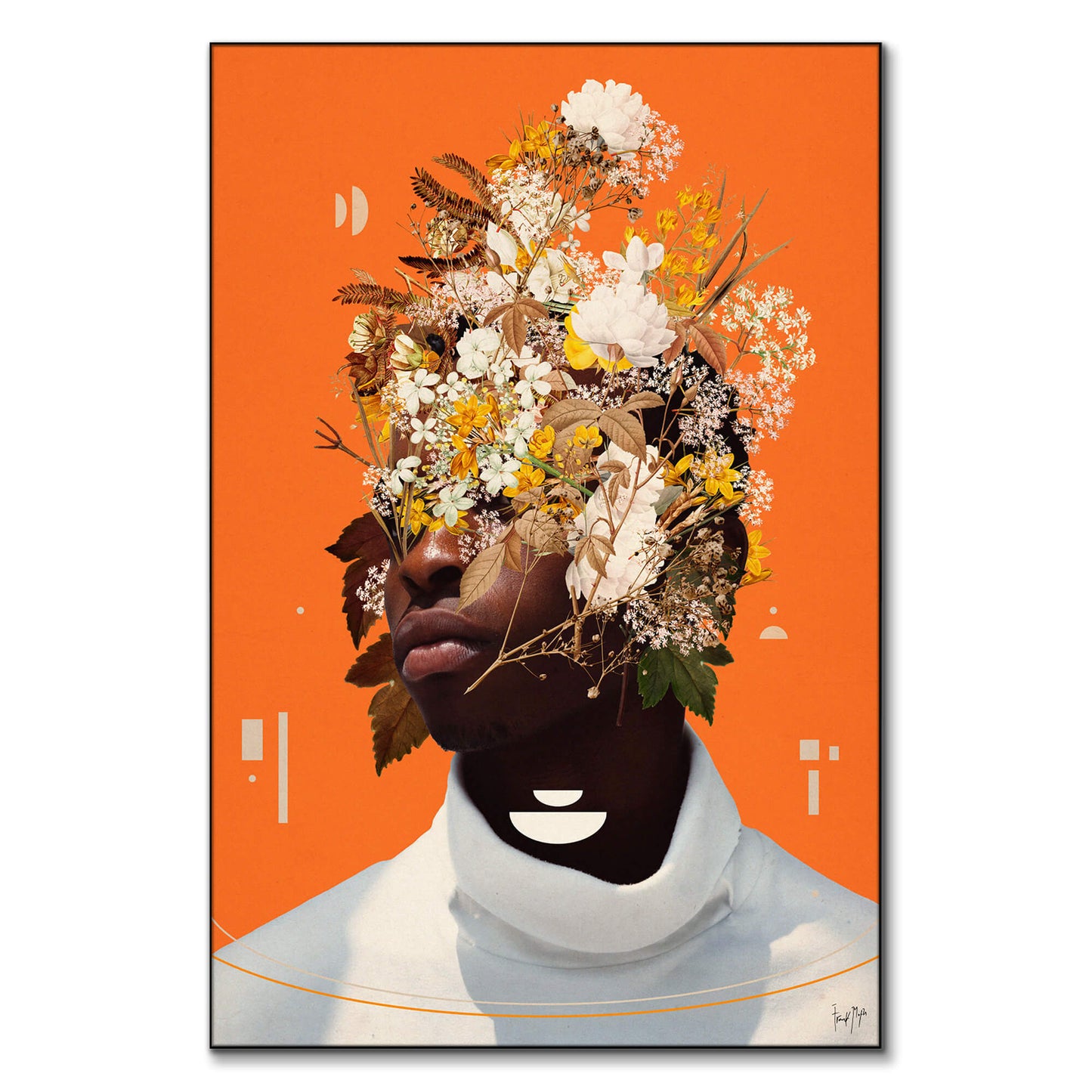 A man with his face merged with yellow and white flowers against an orange background, wearing a white high-neck garment with geometric shapes.