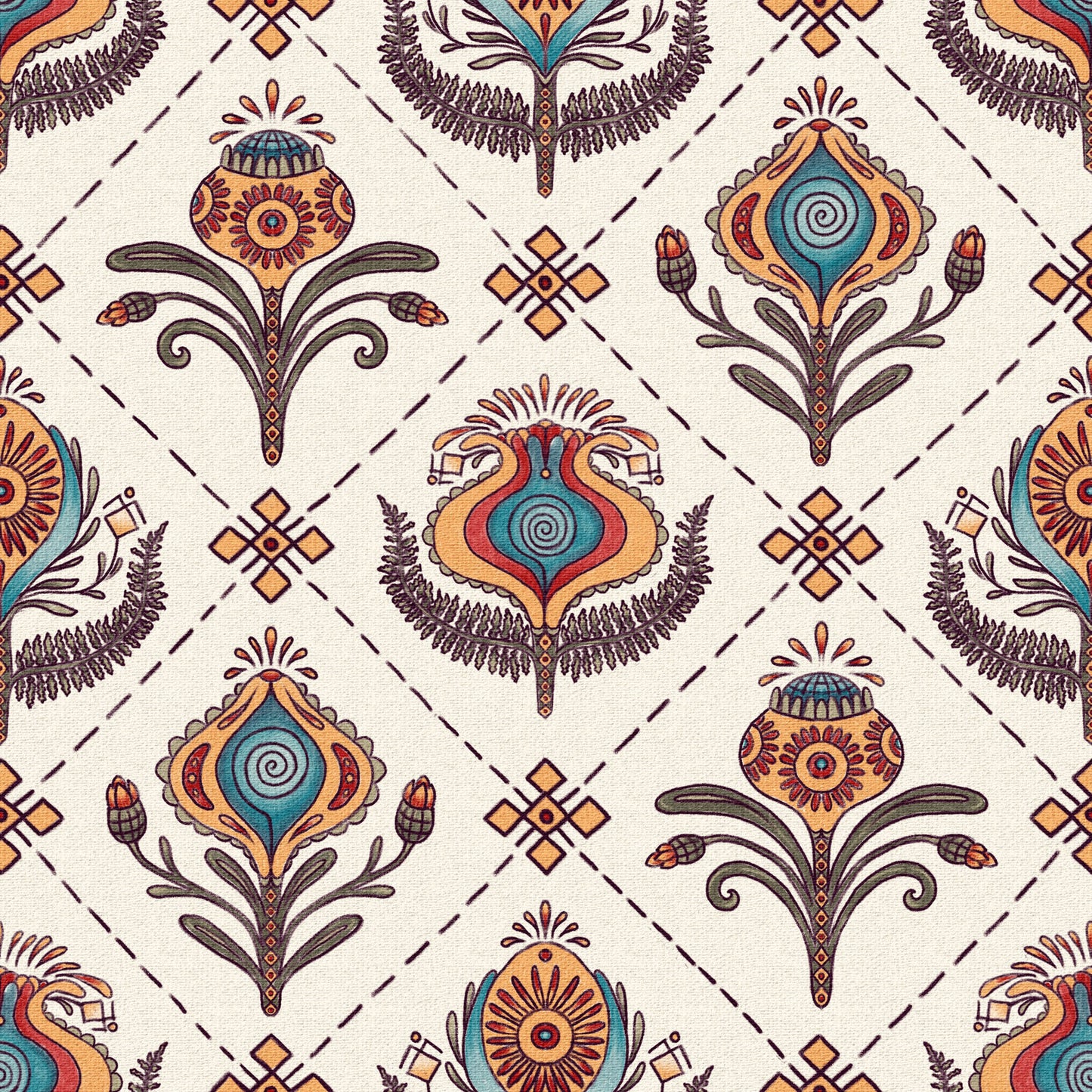 Decorative pattern with stylized flowers and geometric shapes on a beige background