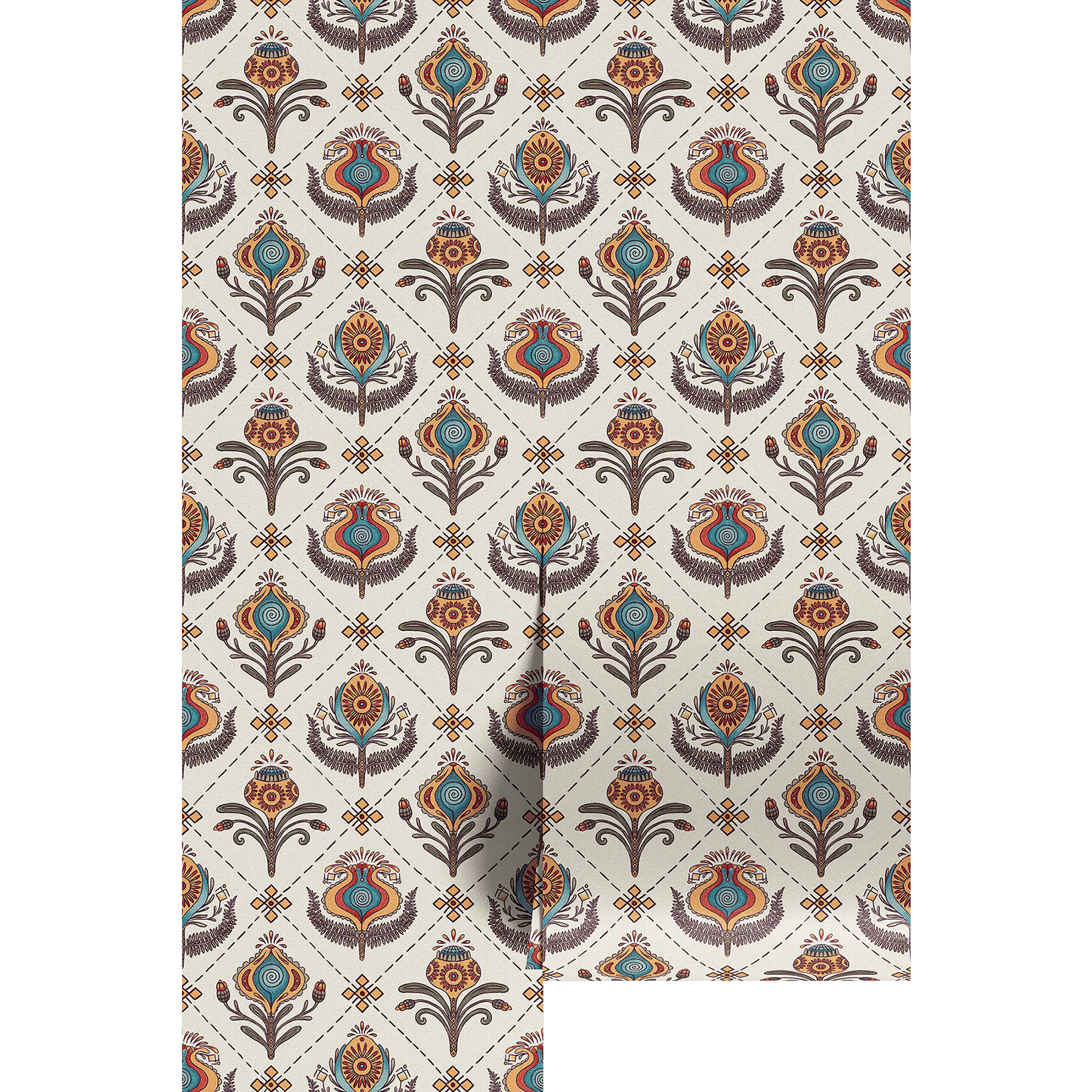 Patterned wallpaper with orange and turquoise geometric design on a white background