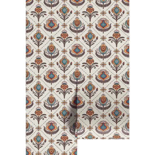 Patterned wallpaper with orange and turquoise geometric design on a white background