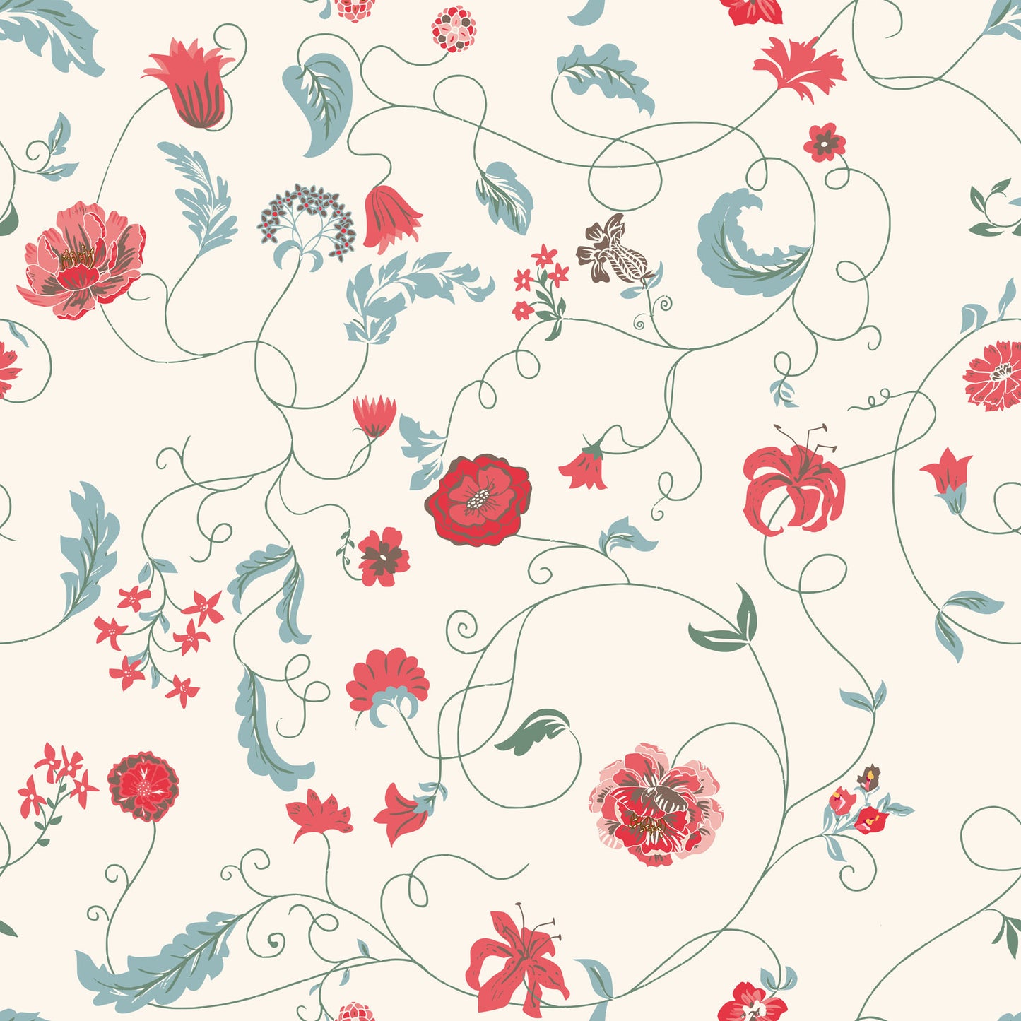 Floral pattern with red and blue flowers on a white background