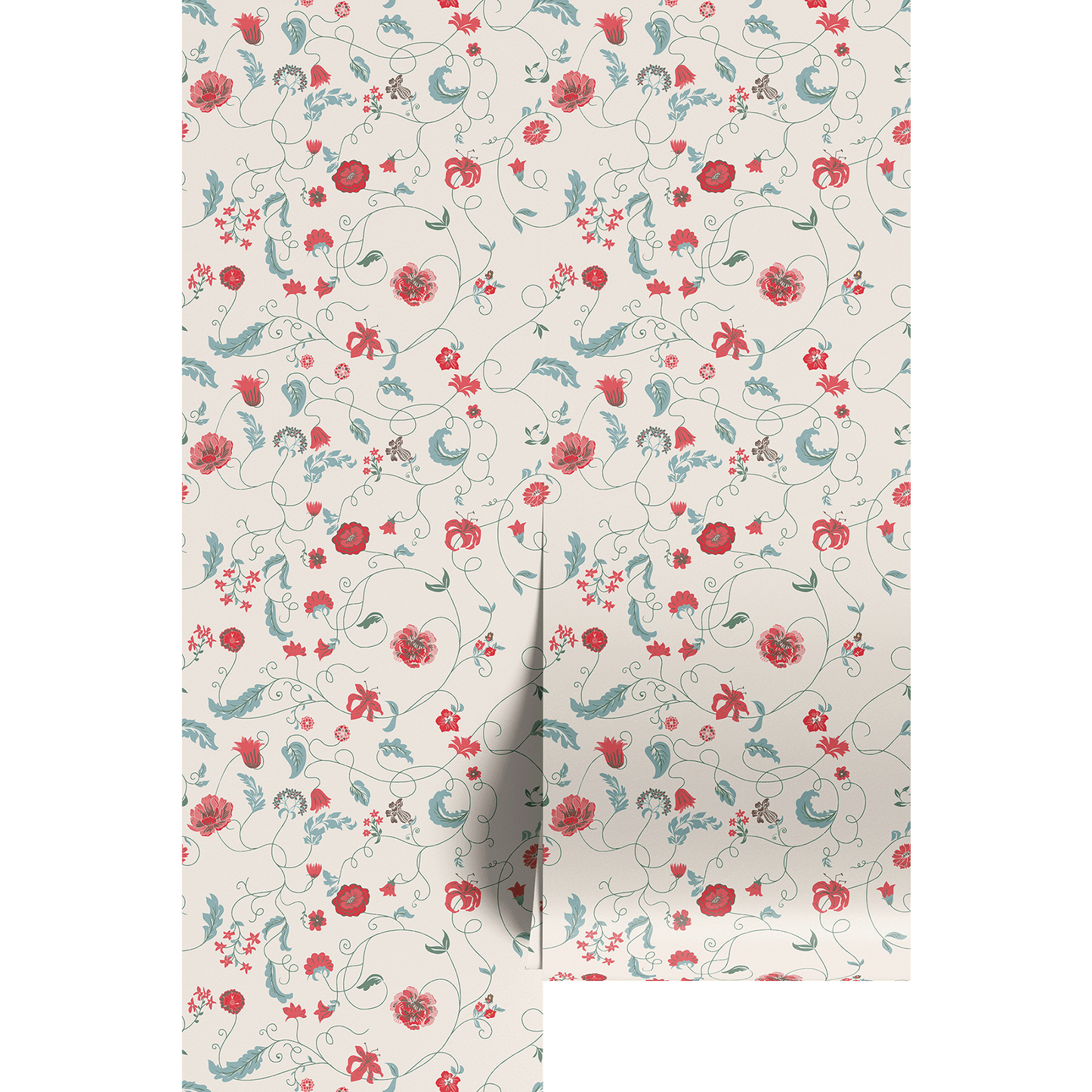 Floral patterned fabric with red and blue flowers on a white background