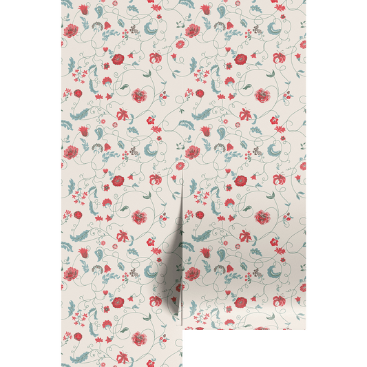 Floral patterned fabric with red and blue flowers on a white background