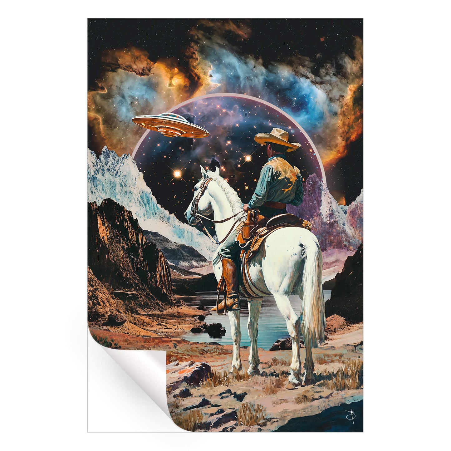 Surreal cowboy riding a horse in outer space, blending wild west and cosmic themes.