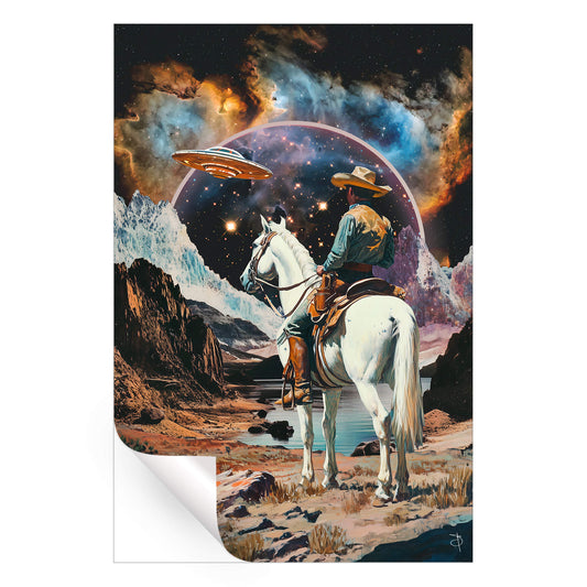 Surreal cowboy riding a horse in outer space, blending wild west and cosmic themes.
