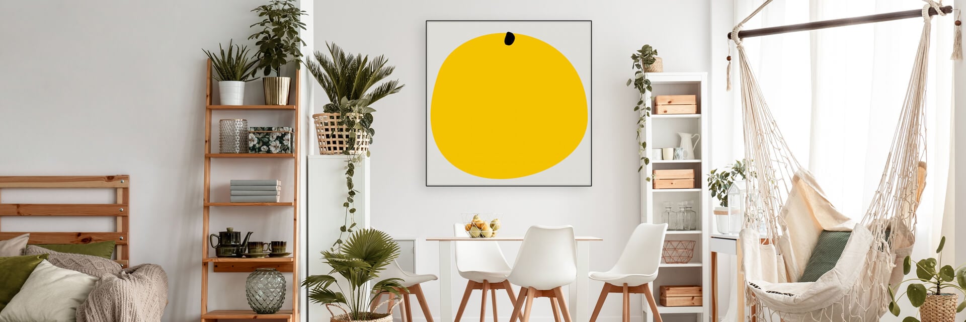 Oversized yellow and tan abstract boho artwork for your living room