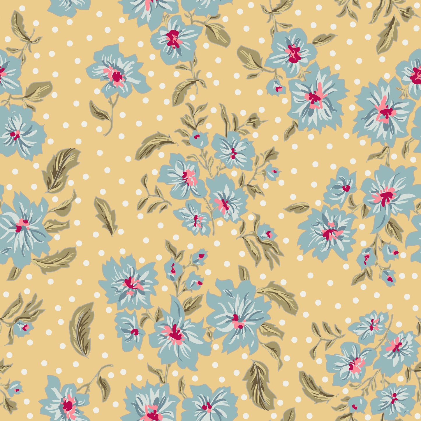 Floral pattern with blue flowers and green leaves on a yellow background with white polka dots