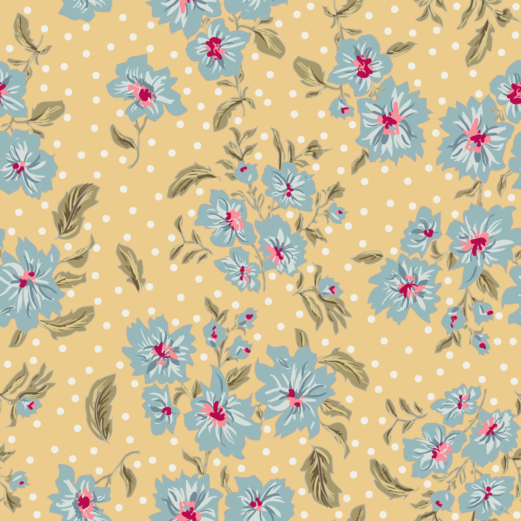 Floral pattern with blue flowers and green leaves on a yellow background with white polka dots