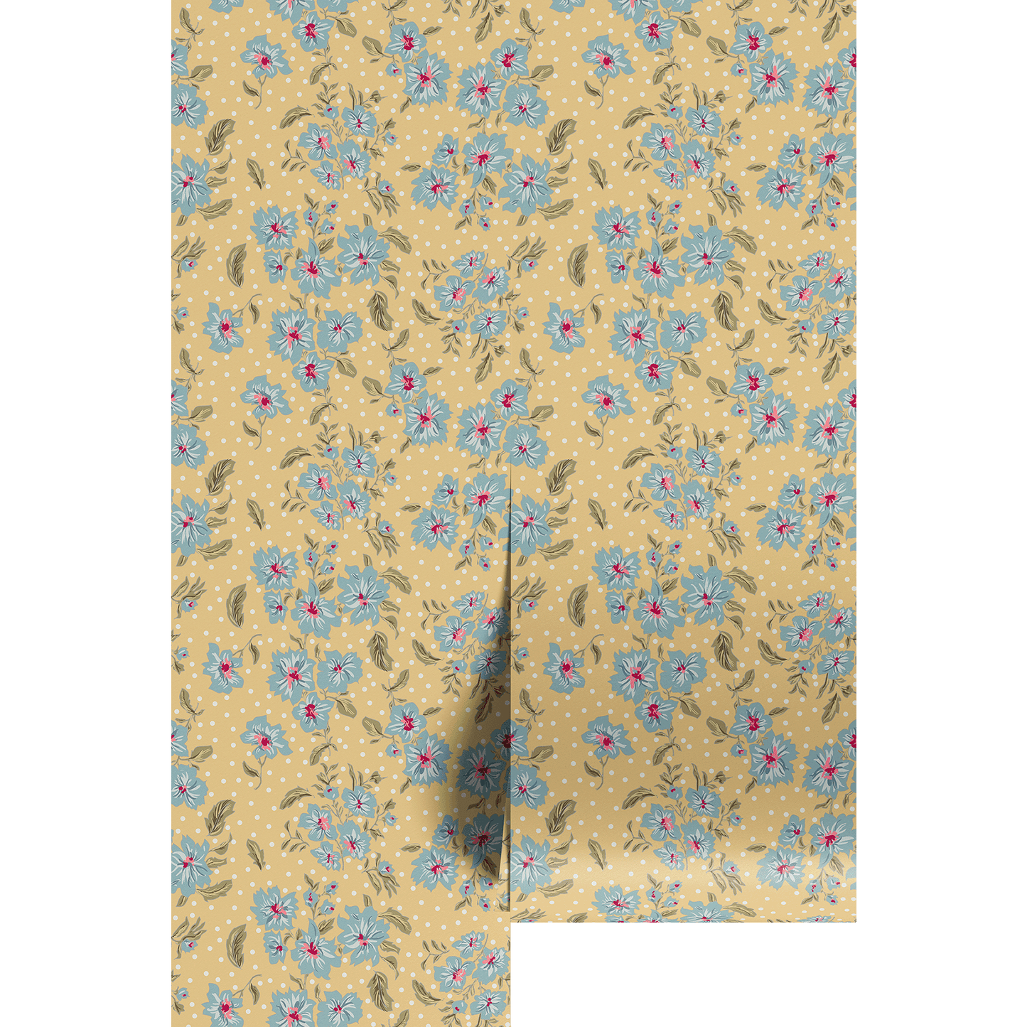 yellow and blue ornate floral pattern with white polka dots