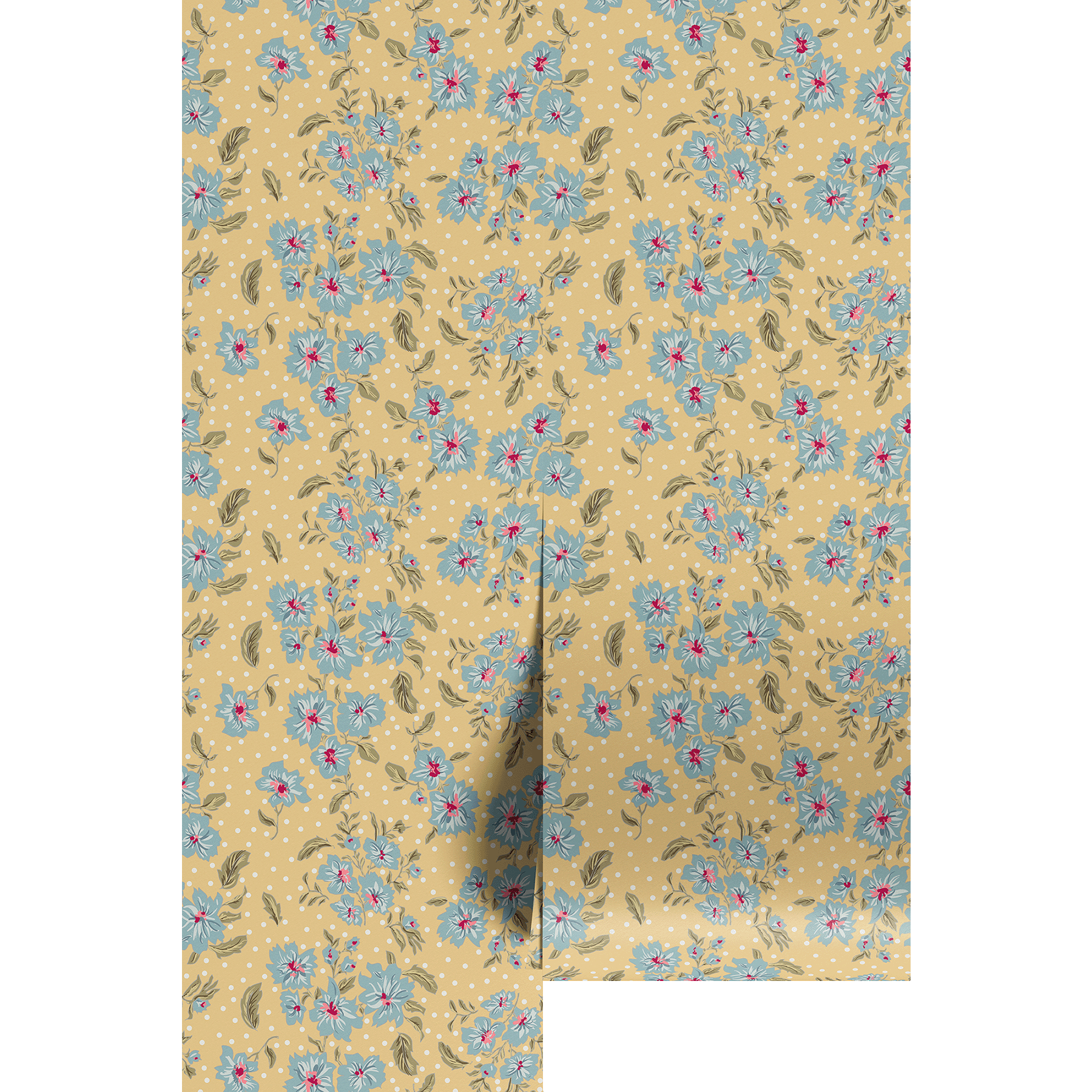 yellow and blue ornate floral pattern with white polka dots
