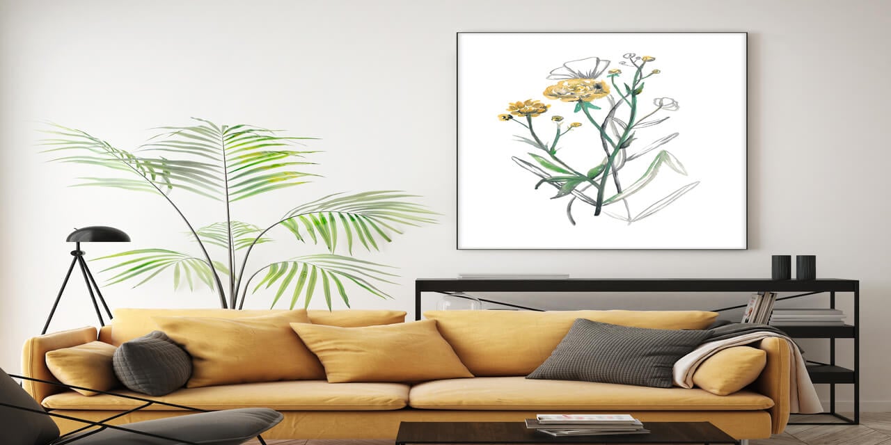 Brown and blue abstract art hangs above yellow couch in living room