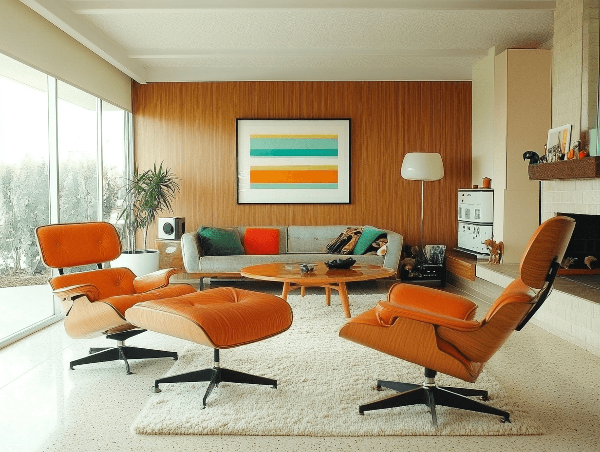 A modern cement floor lamp with a sculptural design in a neutral-toned living room, next to a cozy gray sofa and large windows.