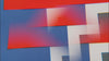 An abstract, close-up shot of overlapping geometric square layers in shades of blue, red, white, and textured grey, shifting slightly to create a sense of depth.