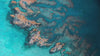 A top-down, high-angle aerial view of a vibrant coral reef system submerged in clear, shallow turquoise ocean water, with patches of sand and brown coral formations visible below.