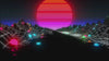 A 3D digital landscape loop featuring neon-colored geometric mountains flanking a central grid road beneath a retro, glowing pink and orange sun.
