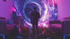 A man in a suit stands in the middle of a dimly lit living room with two couches, looking forward into a massive, swirling cosmic portal of purple, blue, and white light that fills the entire back wall.