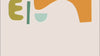 A flat-lay, minimalist graphic design illustration featuring a collection of abstract, organic shapes in yellow, blue, pink, and green, arranged loosely on an off-white background.