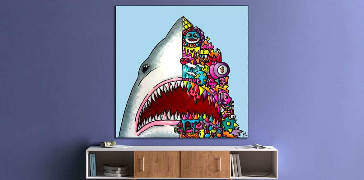 Huge Jaws Wall Art Shark Trippy Adventure Cartoon Doodle Illustration Drugs