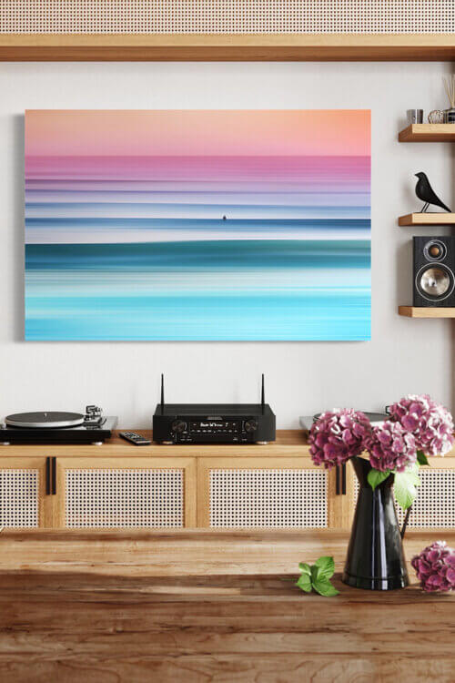 Abstract Large Sunset Wall Art in Blue and Pink Hung in Natural Dining Room