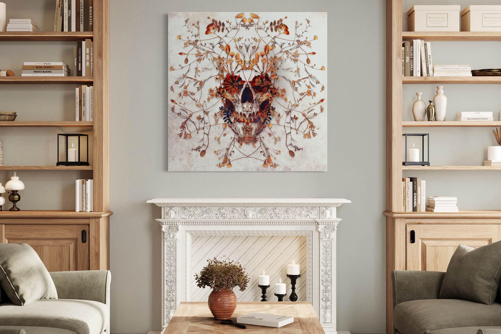 Huge skull design artwork with orange flowers hung above white fireplace between wooden bookshleves